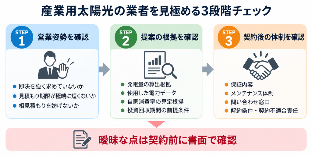 産業用太陽光の業者選びで営業姿勢・提案根拠・契約後の体制を3段階で確認する図解
