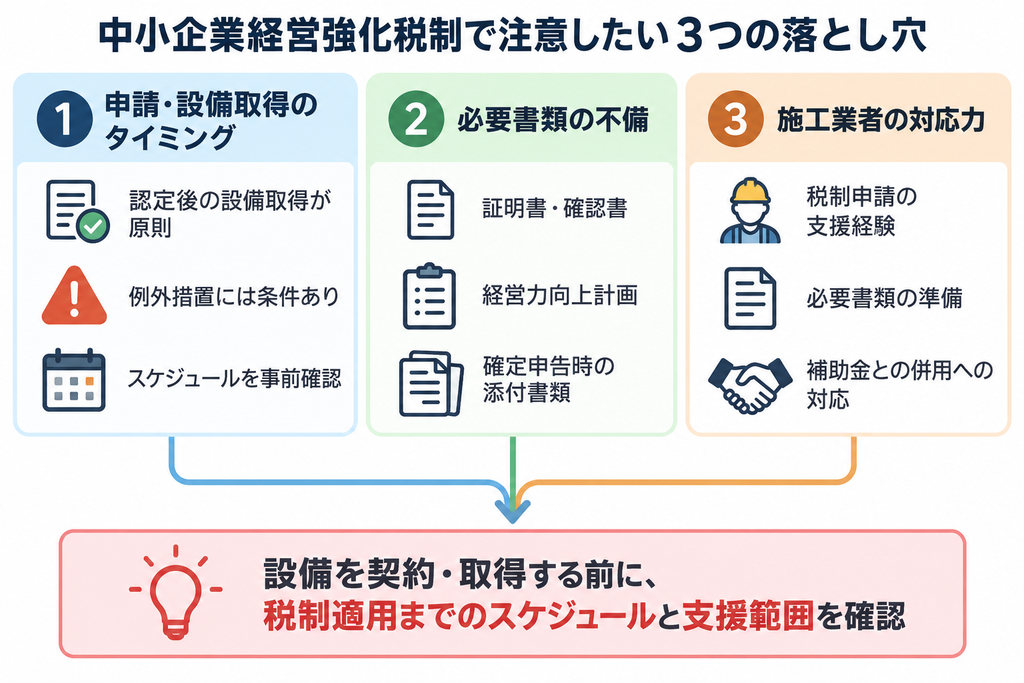 中小企業経営強化税制で注意すべき申請時期・書類・施工業者の対応力を示す図解